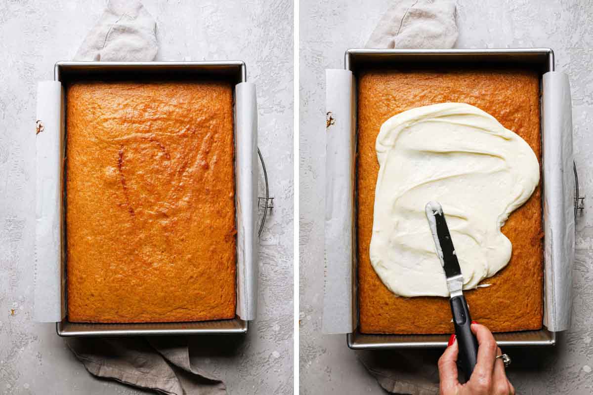 Cream cheese frosting being spread on top of baked pumpkin cake.