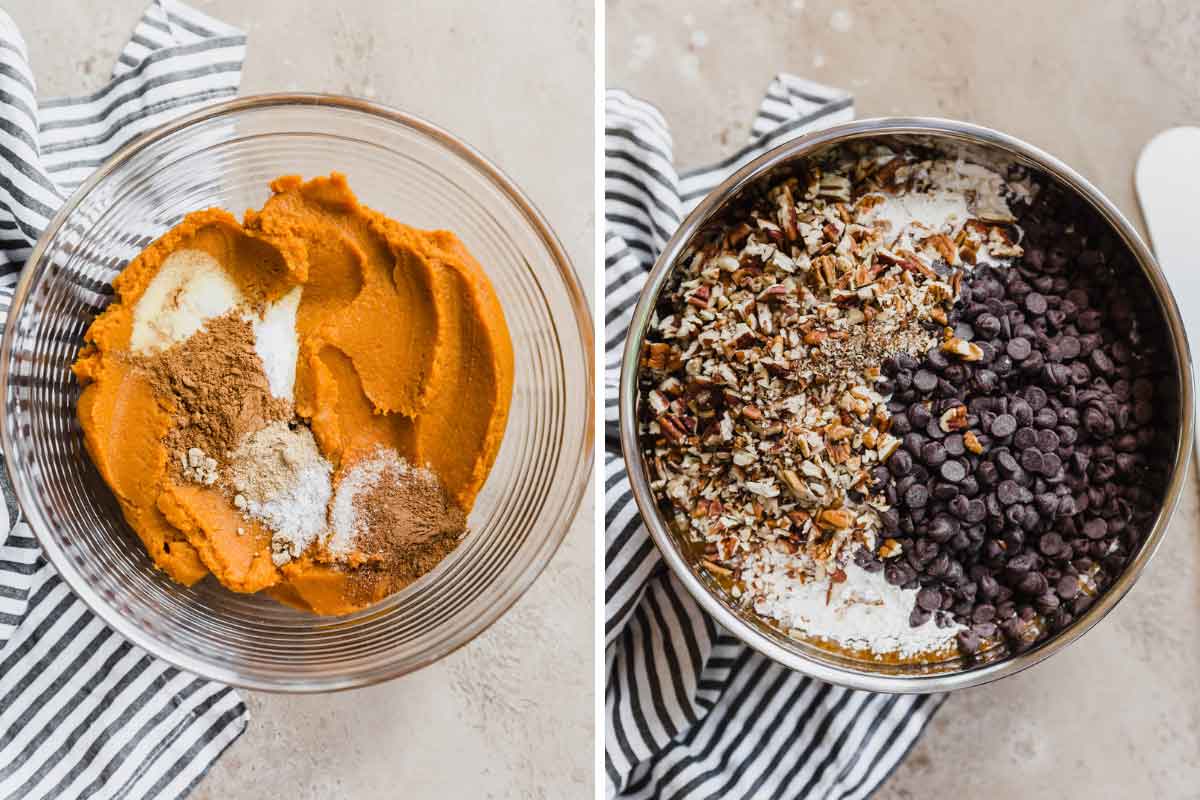 Side by side photos of pumpkin mixture with spices in a bowl then pecans and chocolate chips added on top.