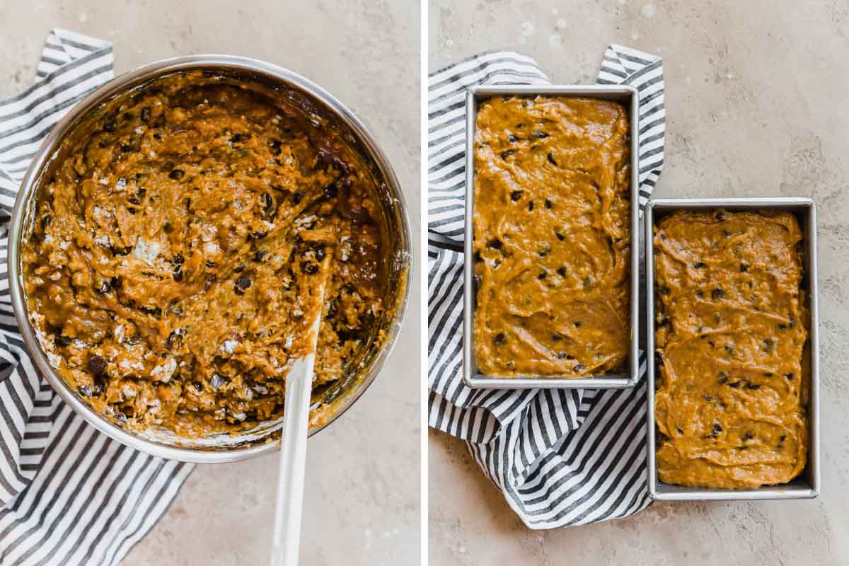 Side by side photos of pumpkin bread batter mixed in a bowl then spread in two loaf pans.