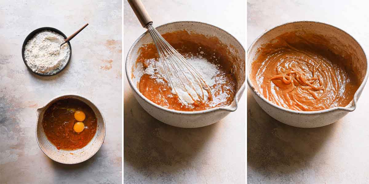 Three step by step photos of mixing together pumpkin cupcake batter.