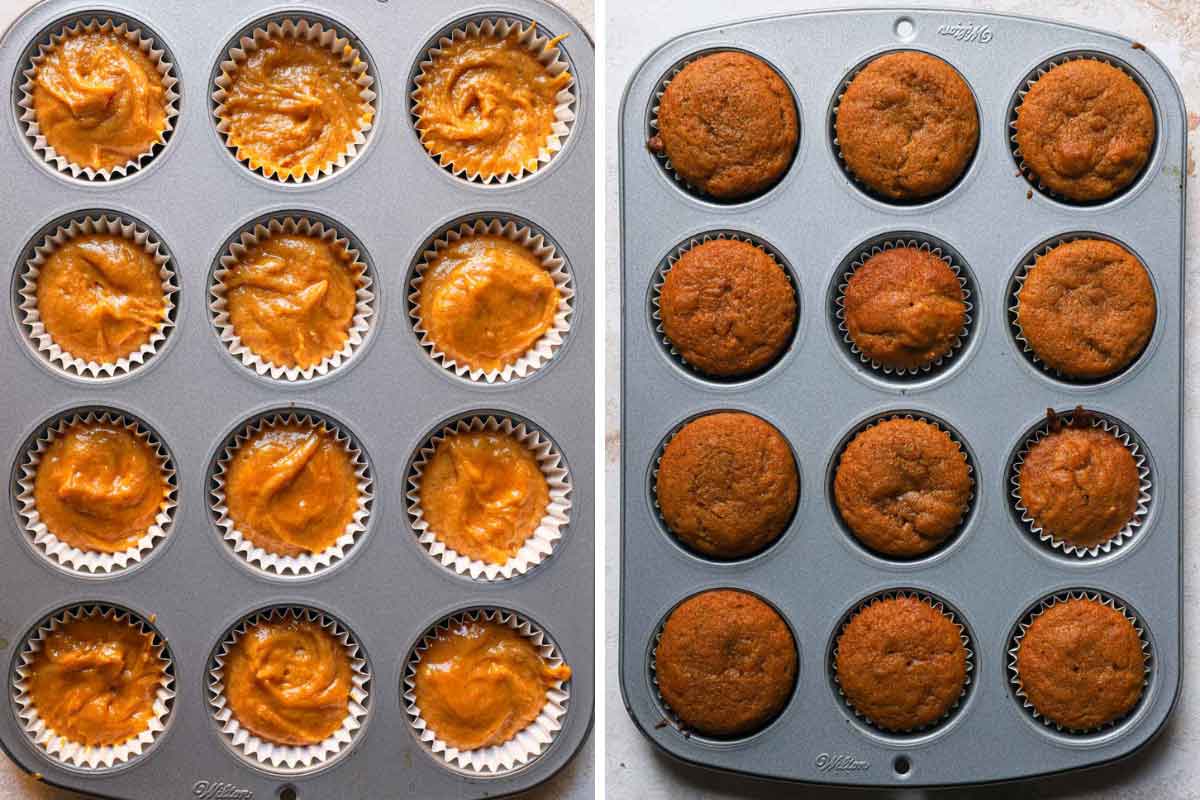 Side by side photos of pumpkin cupcake batter in muffin liners before and after baking.