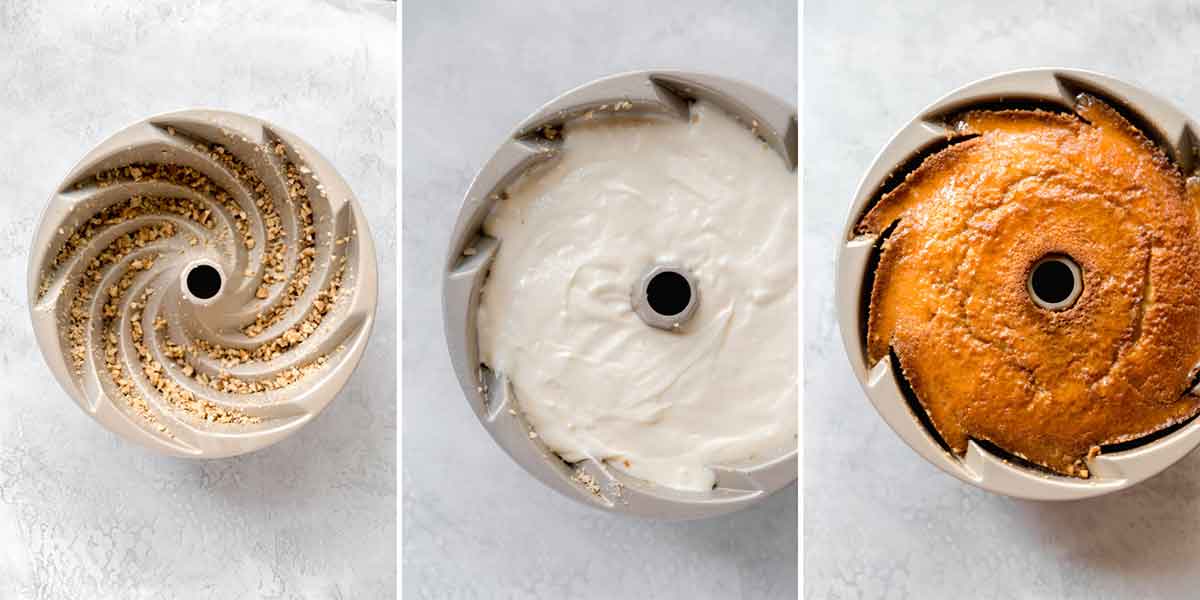 Photo collage of rum cake batter in pan, then overhead photo of baked cake in pan.