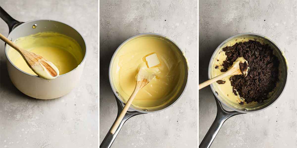 Three-image collage of pastry cream in a saucepan, butter being stirred in, and chopped chocolate being stirred in.