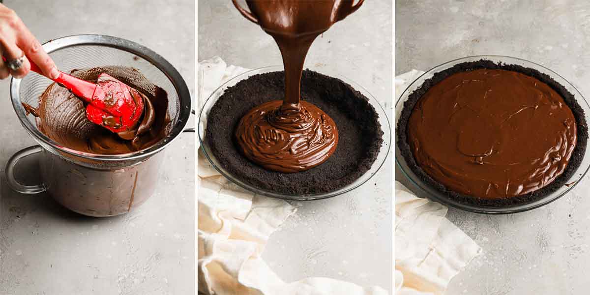 Three-image collage of chocolate pastry cream pressed through a sieve, poured into a chocolate pie crust, and smoothed into an even layer.
