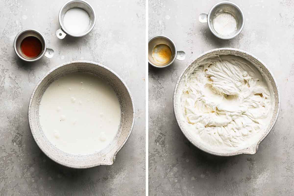 Side by side photos of whipped cream ingredients prepped and the finished bowl of whipped cream.