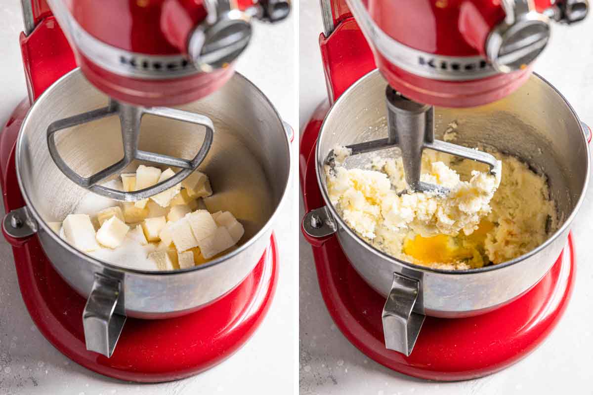 Side by side photos of butter and sugar creaming in a stand mixer, then an egg added.