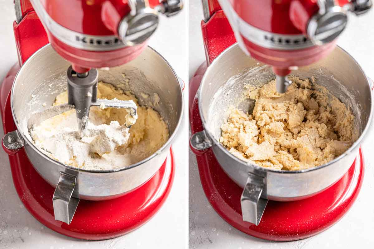 Side by side photos of flour being added to cookie batter and then final dough mixture in stand mixer bowl.