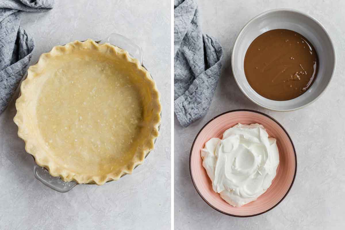 Side by side photos of an unbaked pie crust, and bowls of whipped cream and melted chocolate.