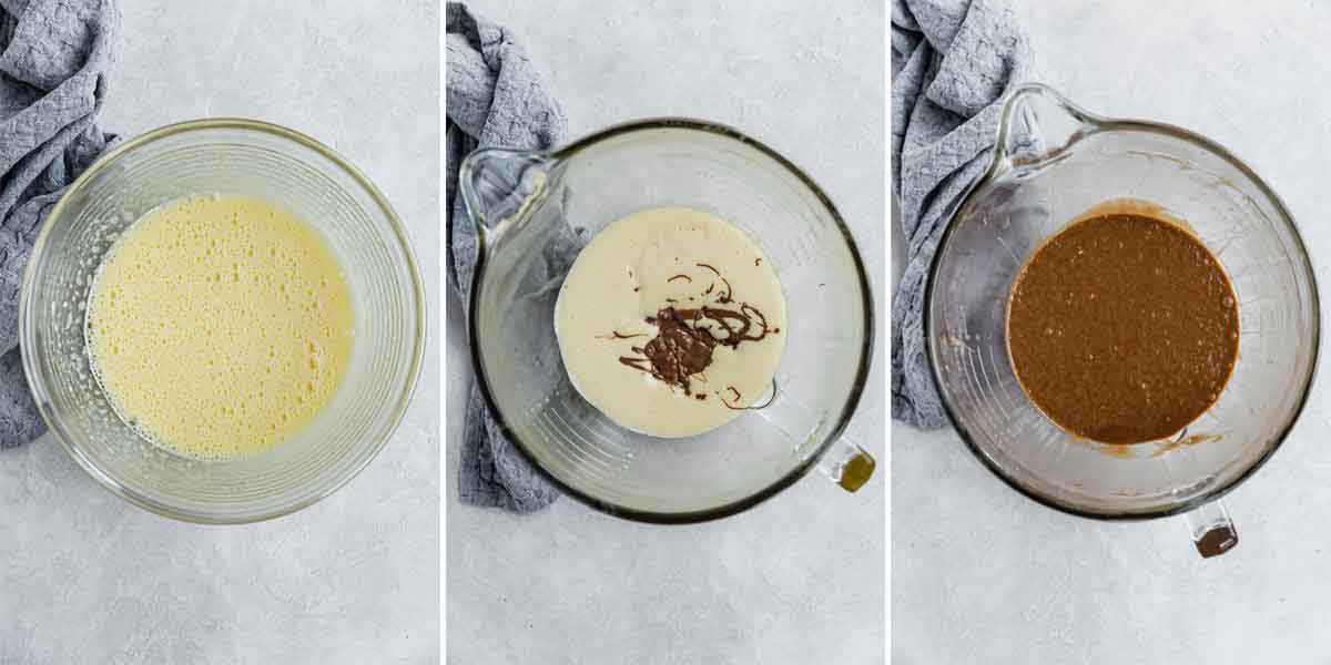 Photo collage of whipped eggs being combined with melted chocolate.
