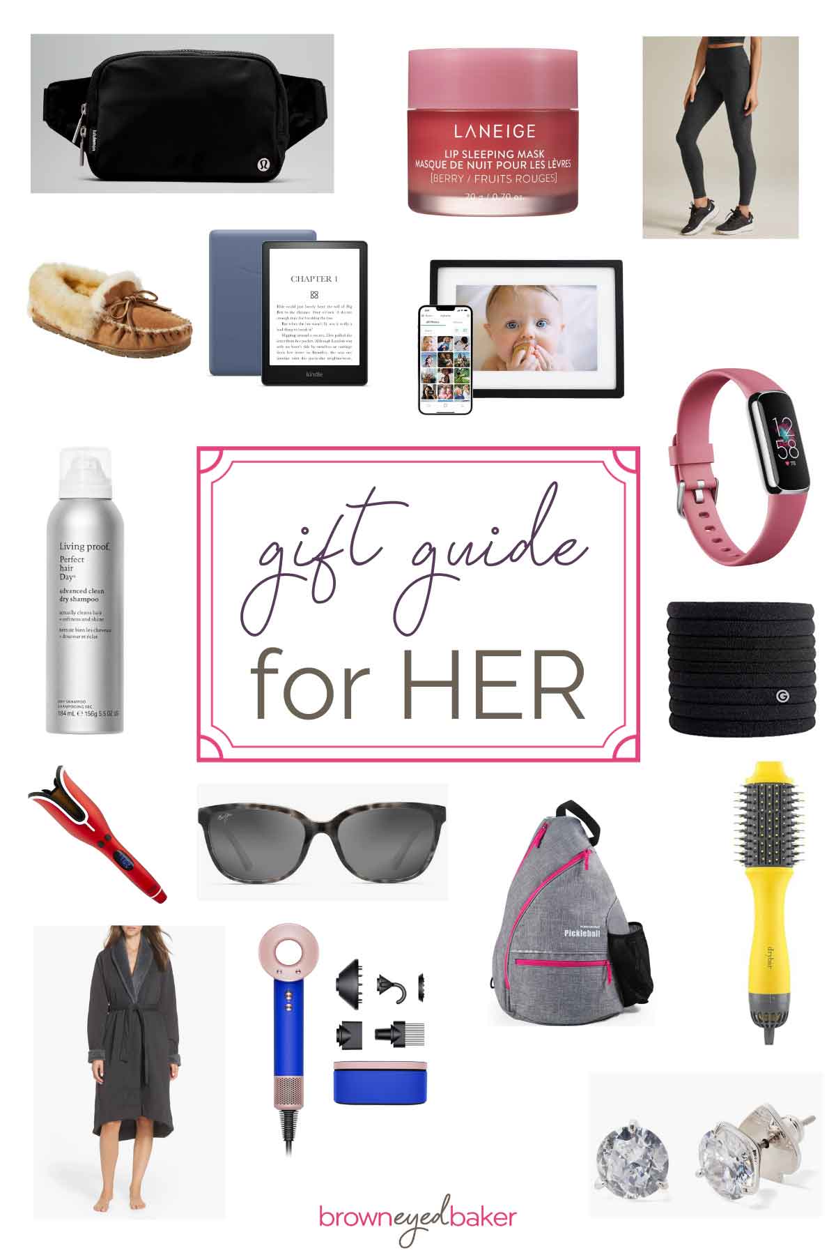 Photo collage of different products with text in center "gift guide for her".
