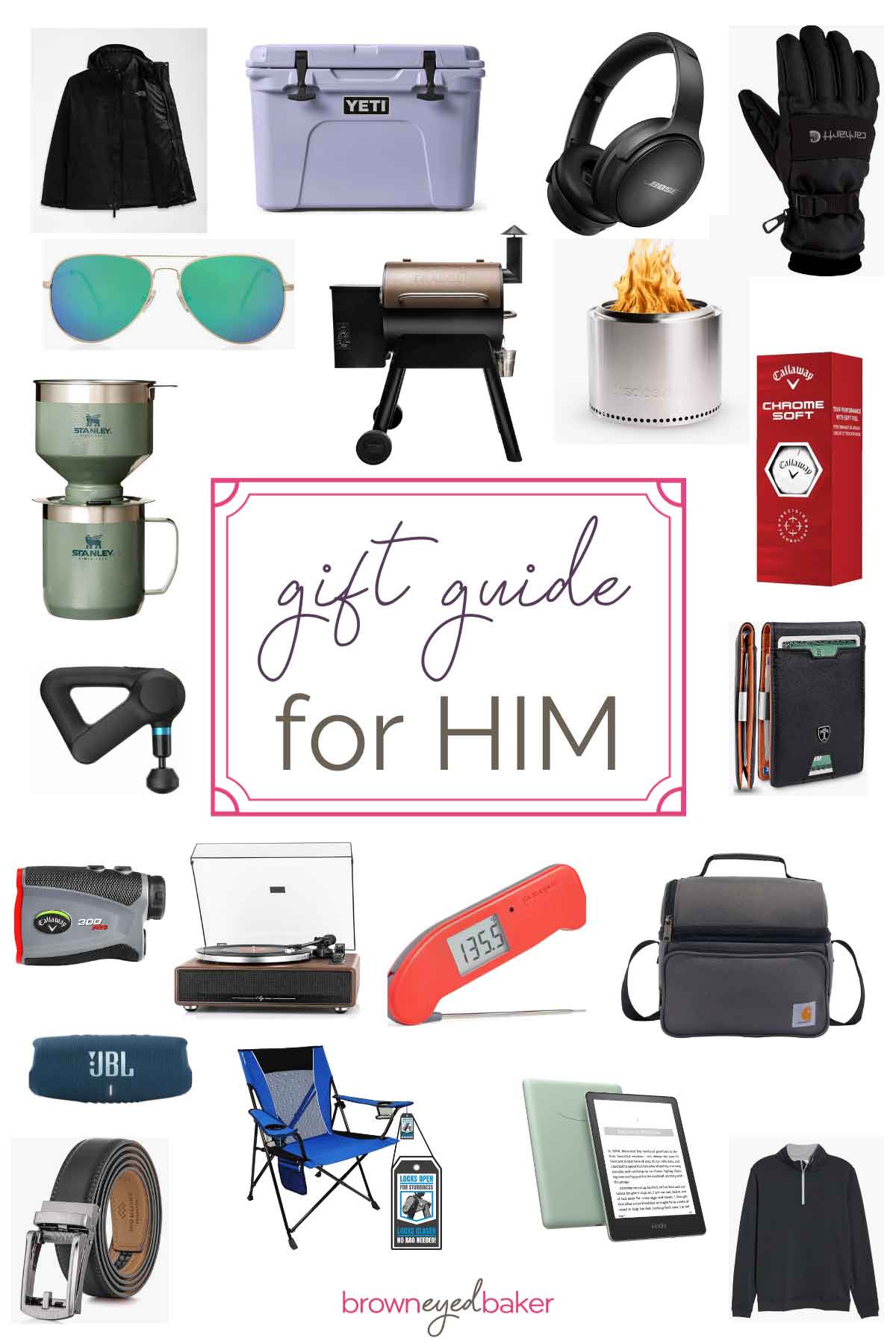 Collage of product images with a pink frame in the center with text inside "gift guide for him".