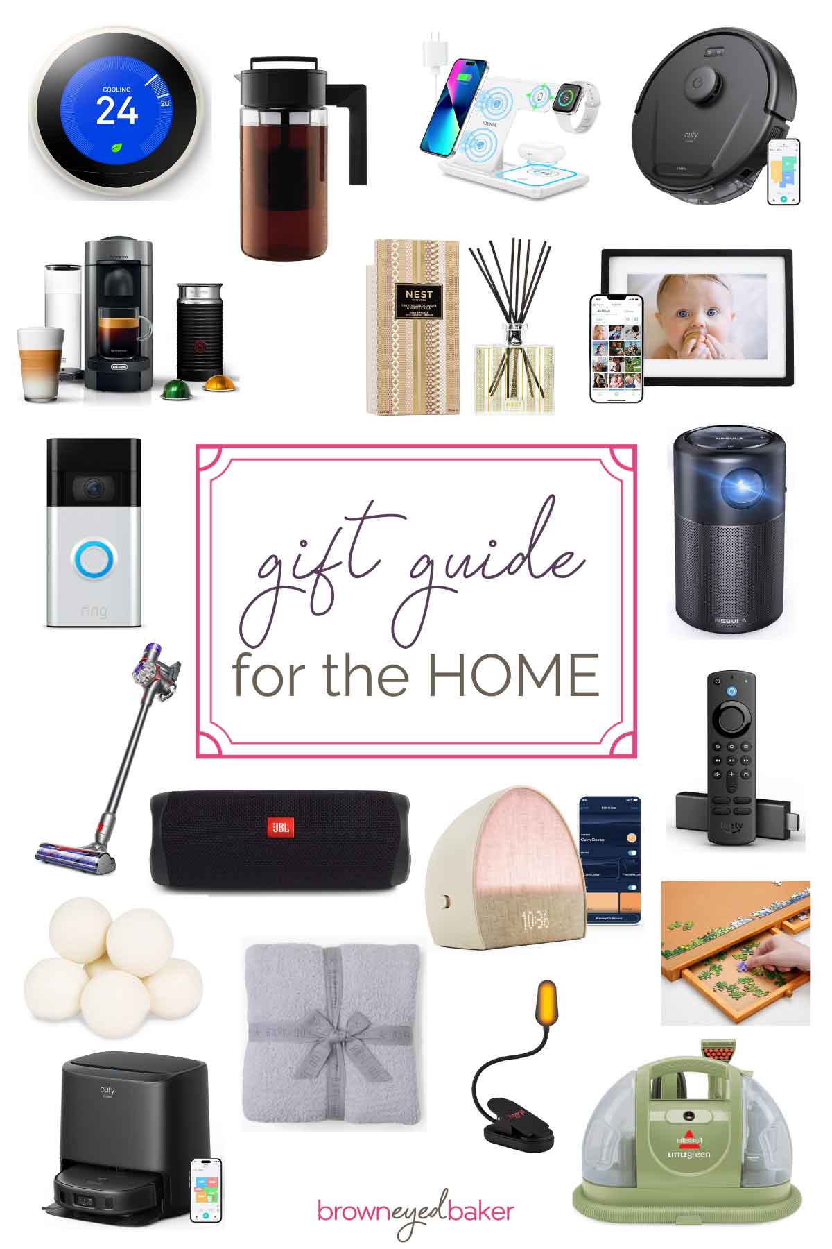 Collage of product images with a pink frame in the center and text inside: "gift guide for the home".