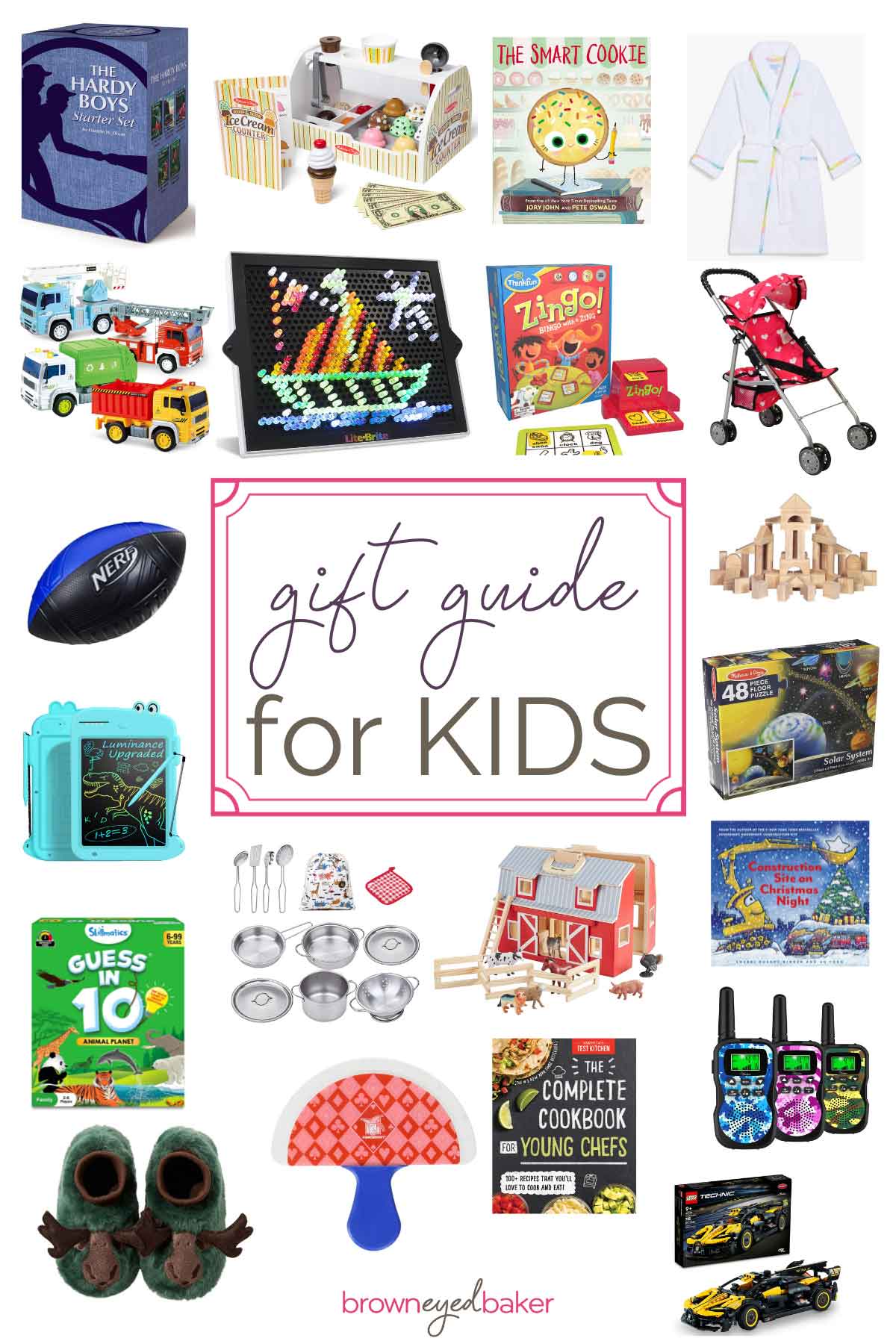 A collage of product images with a pink frame in the center and text inside "gift guide for kids".