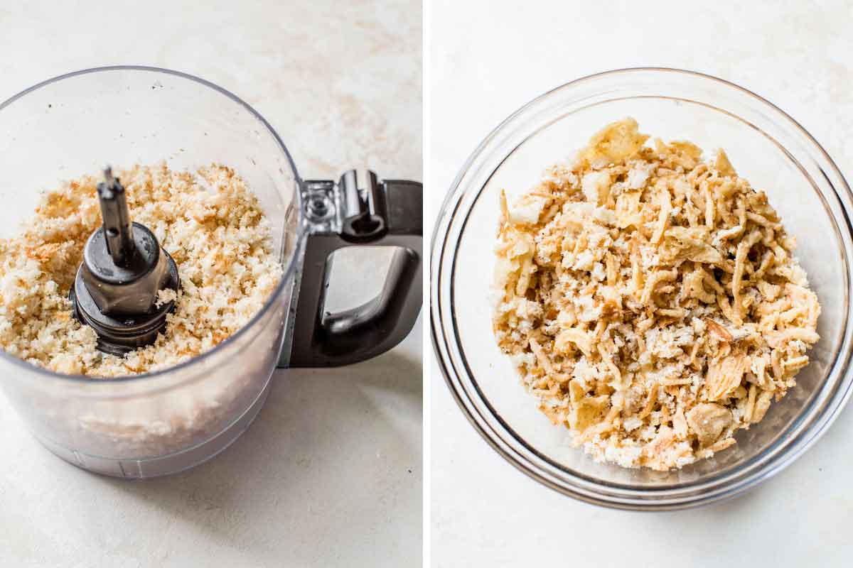 Side by side photos of bread in food processor pulsed with butter and breadcrumb mixture tossed with french-fried onions.