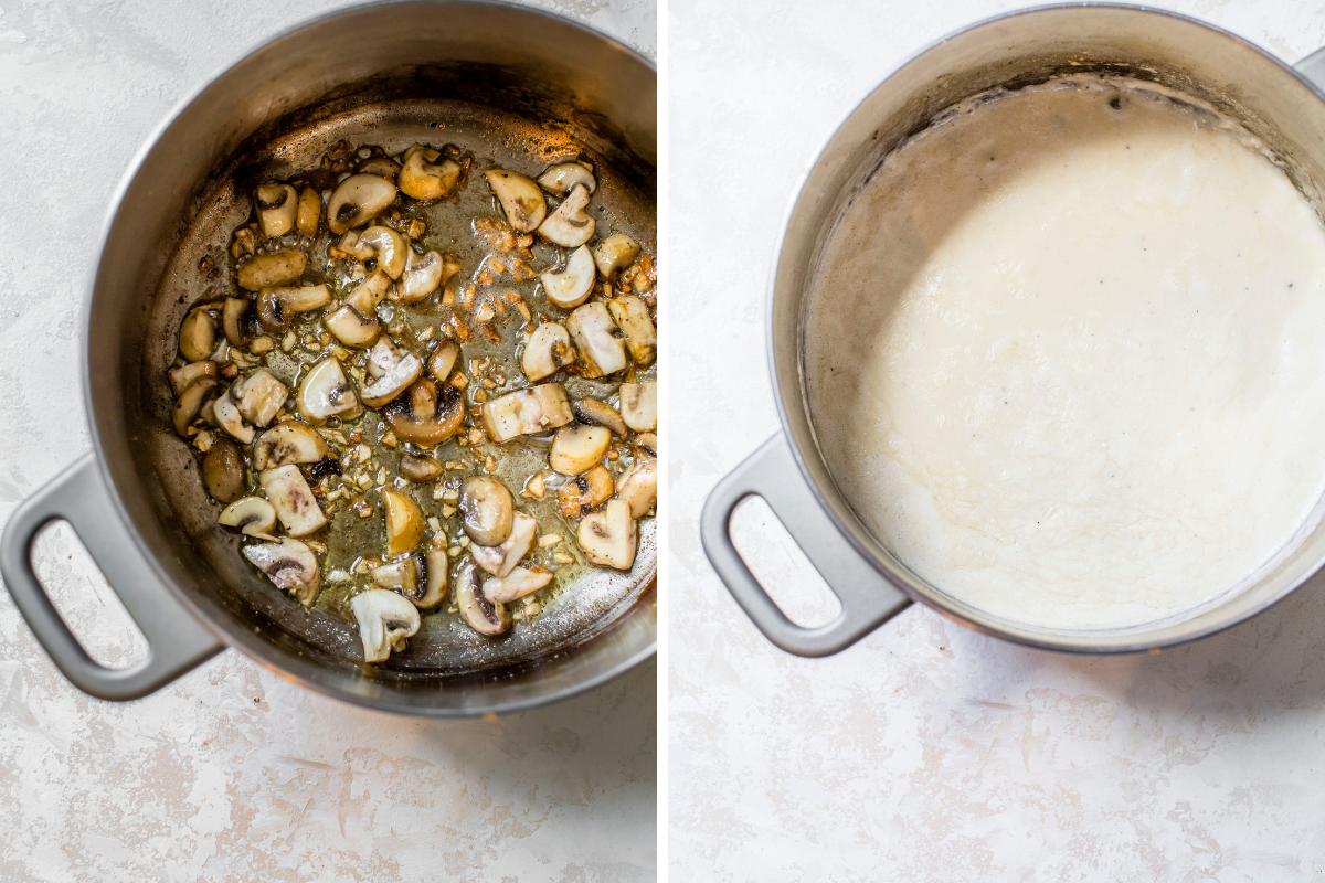 Side by side photos of sauteed mushrooms and a cream sauce, both in a saucepot.
