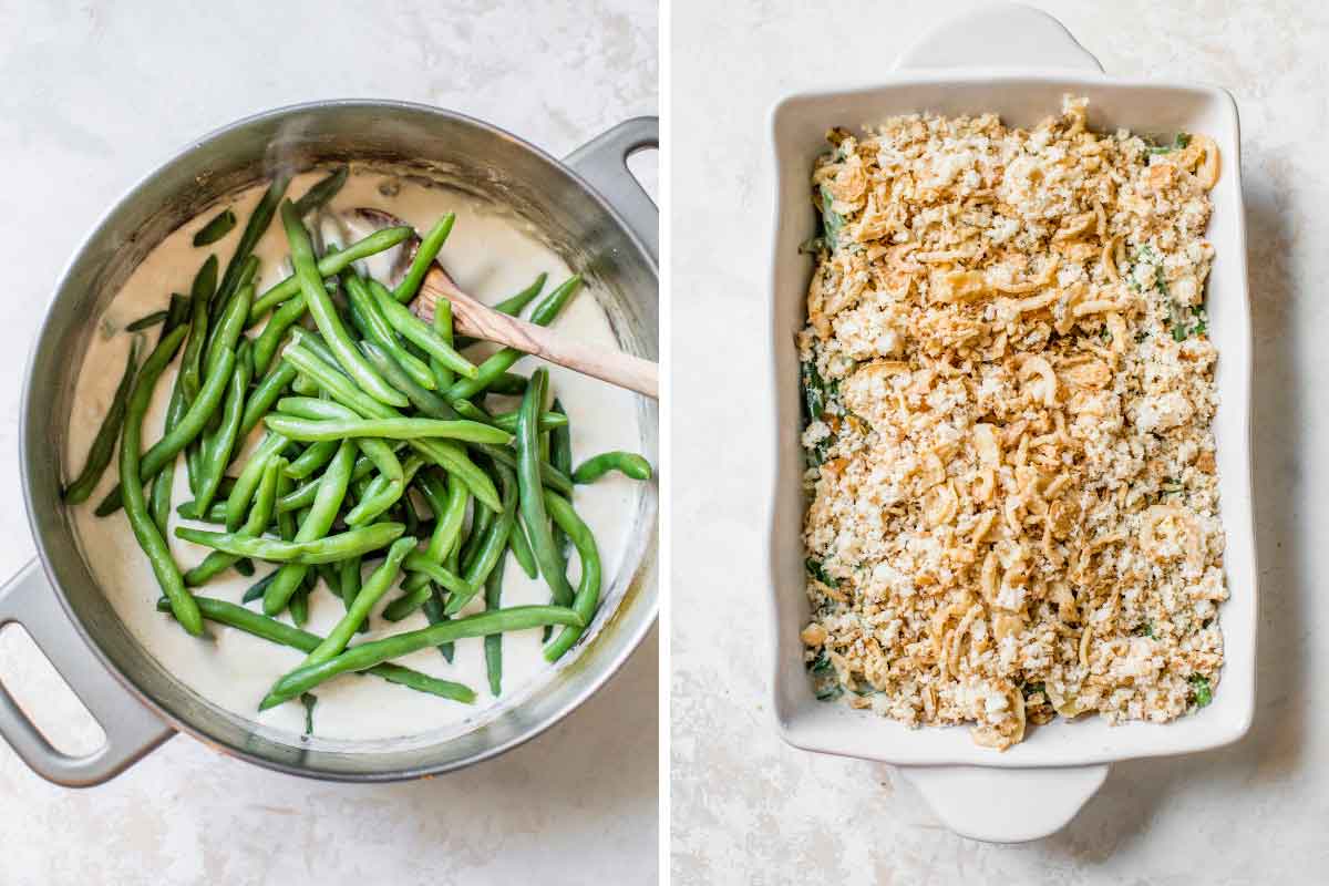 Side by side photos of green beans in cream sauce, then assembled green bean casserole in baking dish prior to baking.