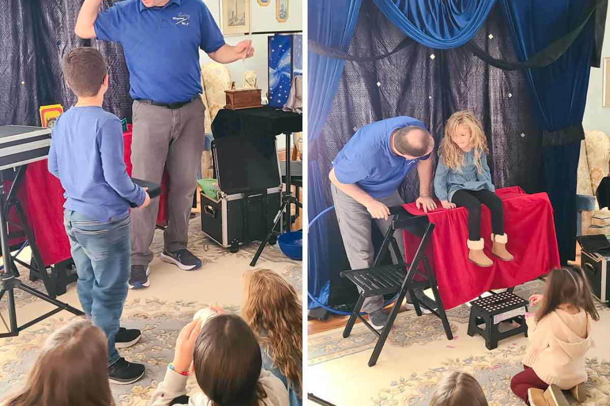 Side by side photos of a boy and a girl volunteering at a kids magic show.