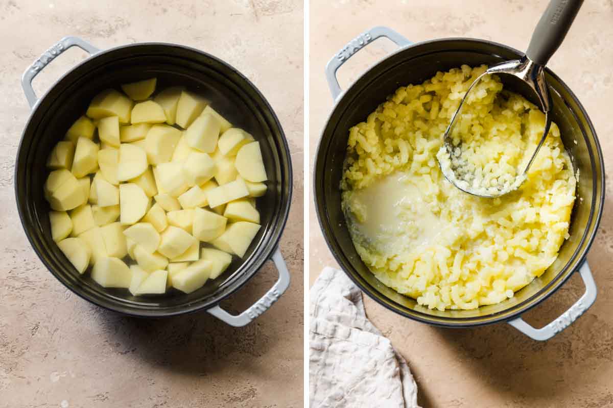 Side by side photos of potatoes in a large pot and then being mashed up in the pot with a potato masher.