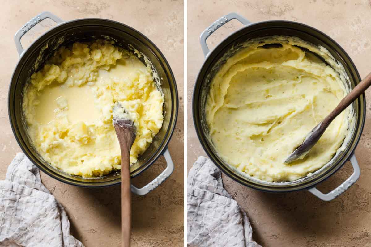 Side by side photos - on left, melted butter and cream stirred into coarsely mashed potatoes; on right, creamy mashed potatoes being stirred with wooden spoon.