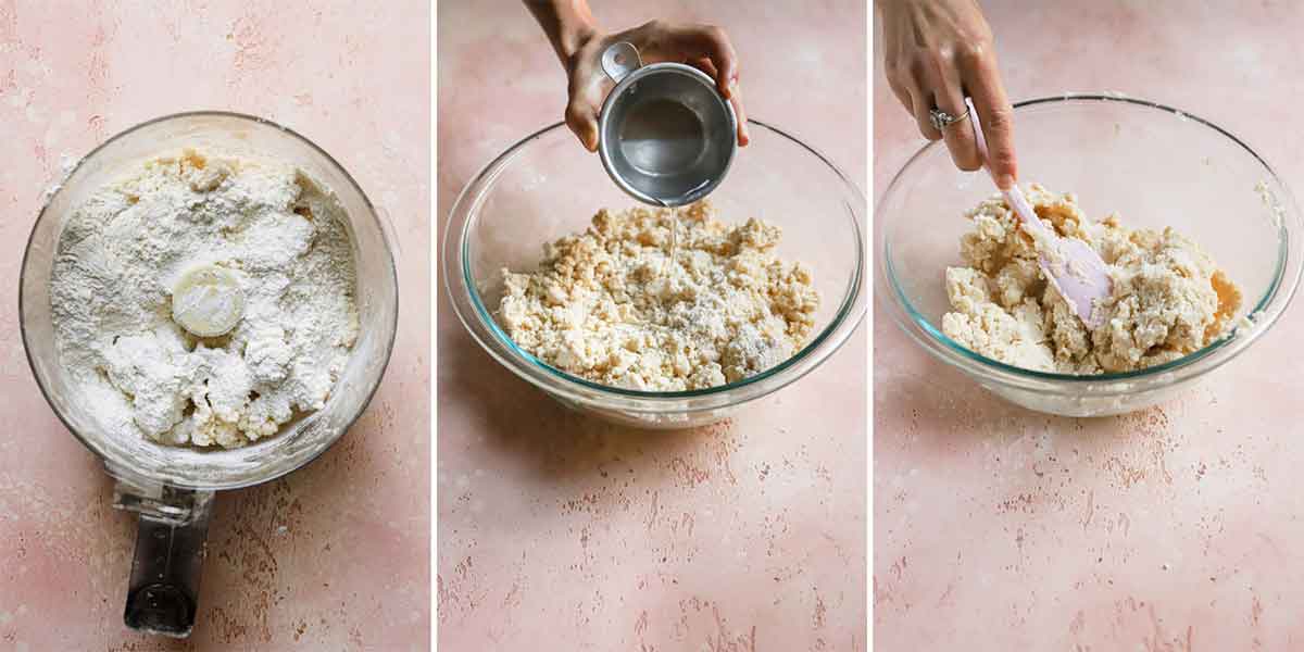 Step by step photos of pie dough being mixed together.