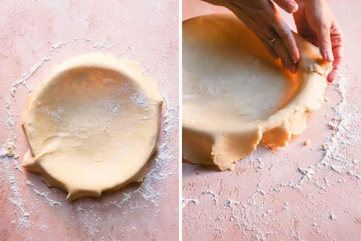 Photo of hands pressing pie dough into a pie plate.