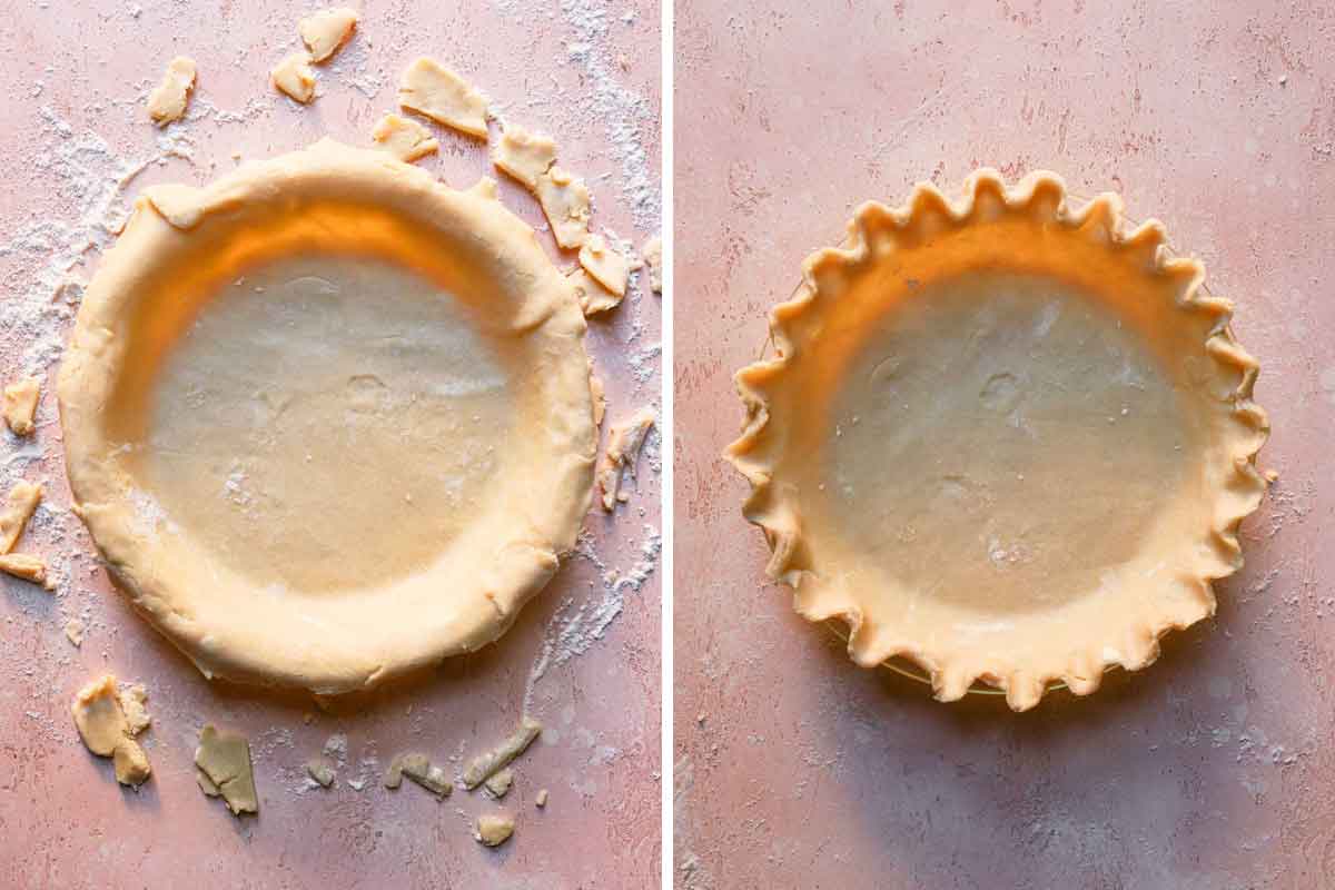 Photos of a pie crust trimmed over a pie plate, then of it being crimped.