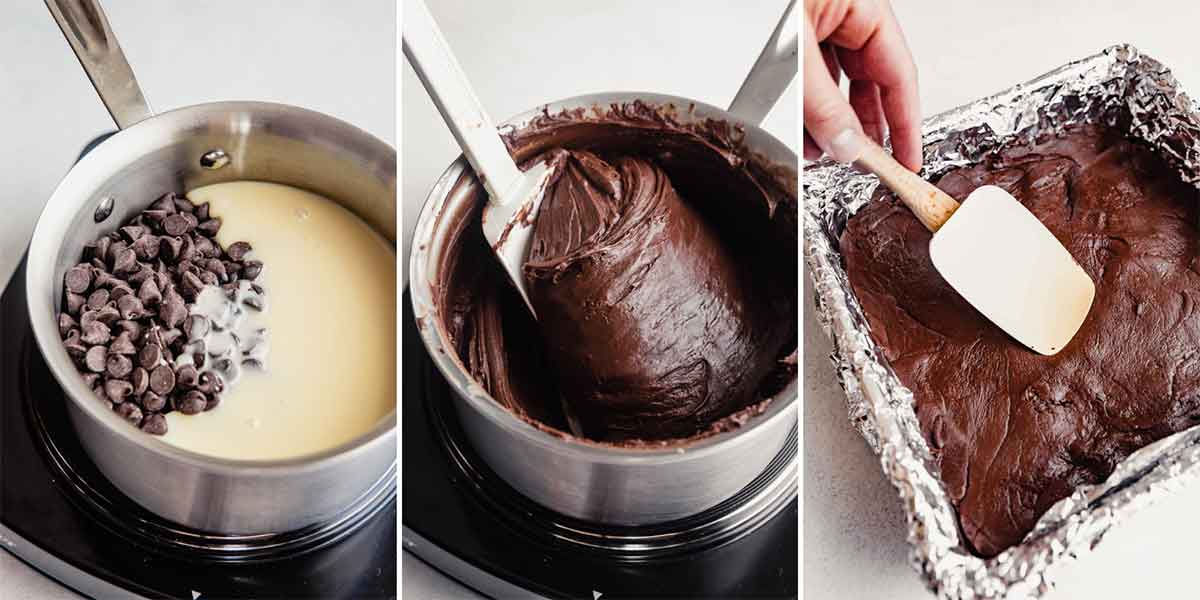 Three photo collage of chocolate chips and sweetened condensed milk in saucepan, stirring fudge in saucepan, and spreading fudge in square pan.