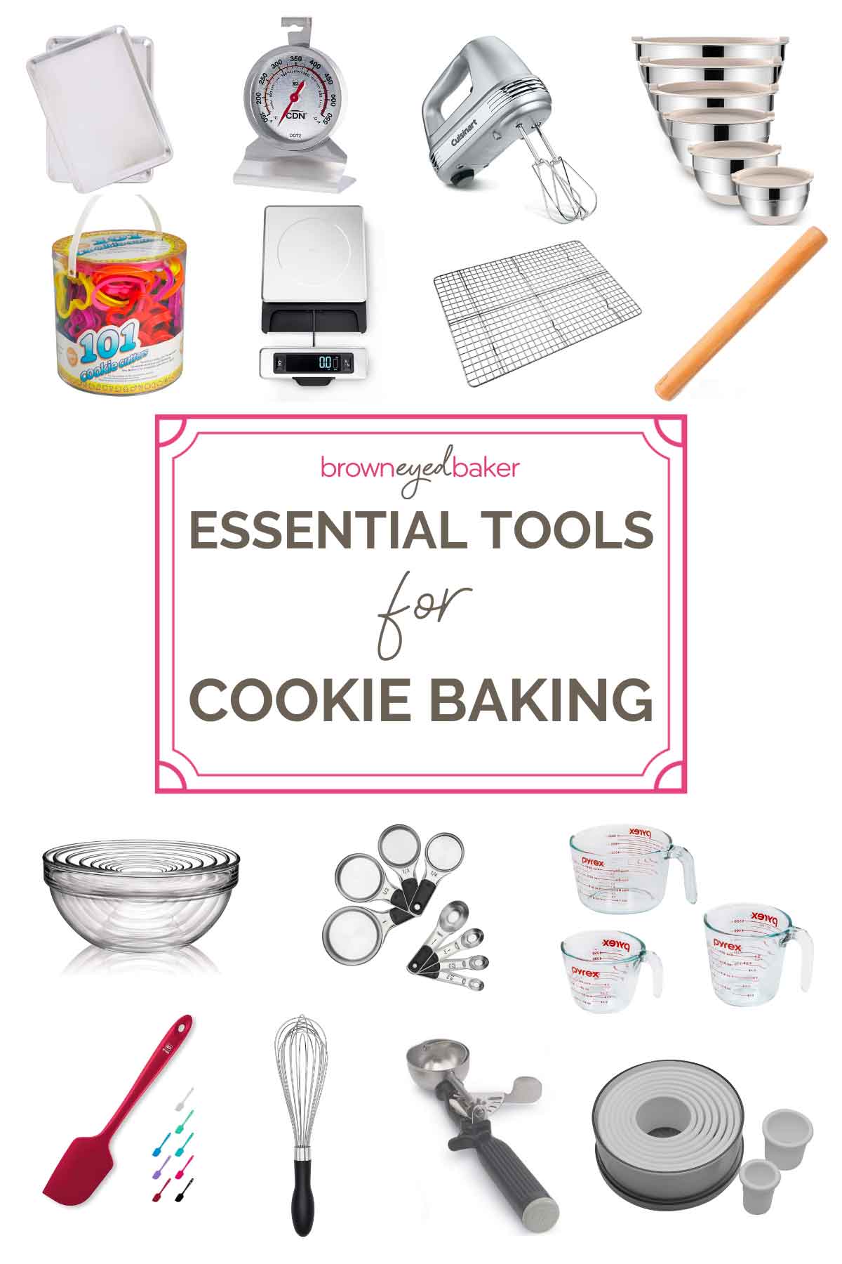 Photo collage of baking tools with text in center surrounded by pink frame "Essential Tools for Cookie Baking".