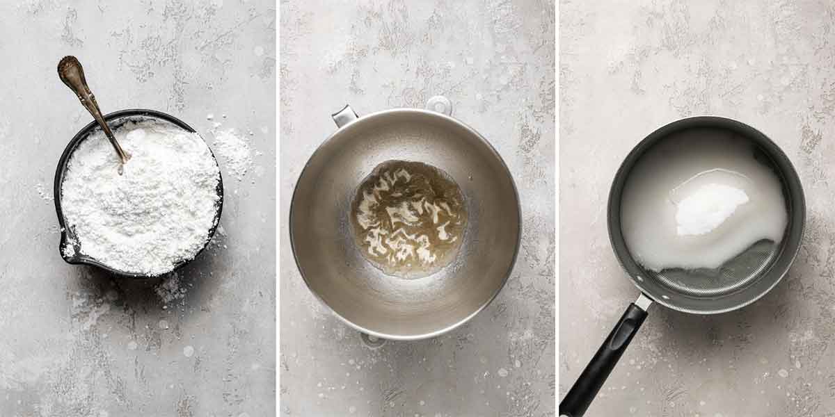 Three photo collage: cornstarch and powdered sugar in a bowl, gelatin sprinkled over water, and sugar, water and cornstarch in a saucepan.