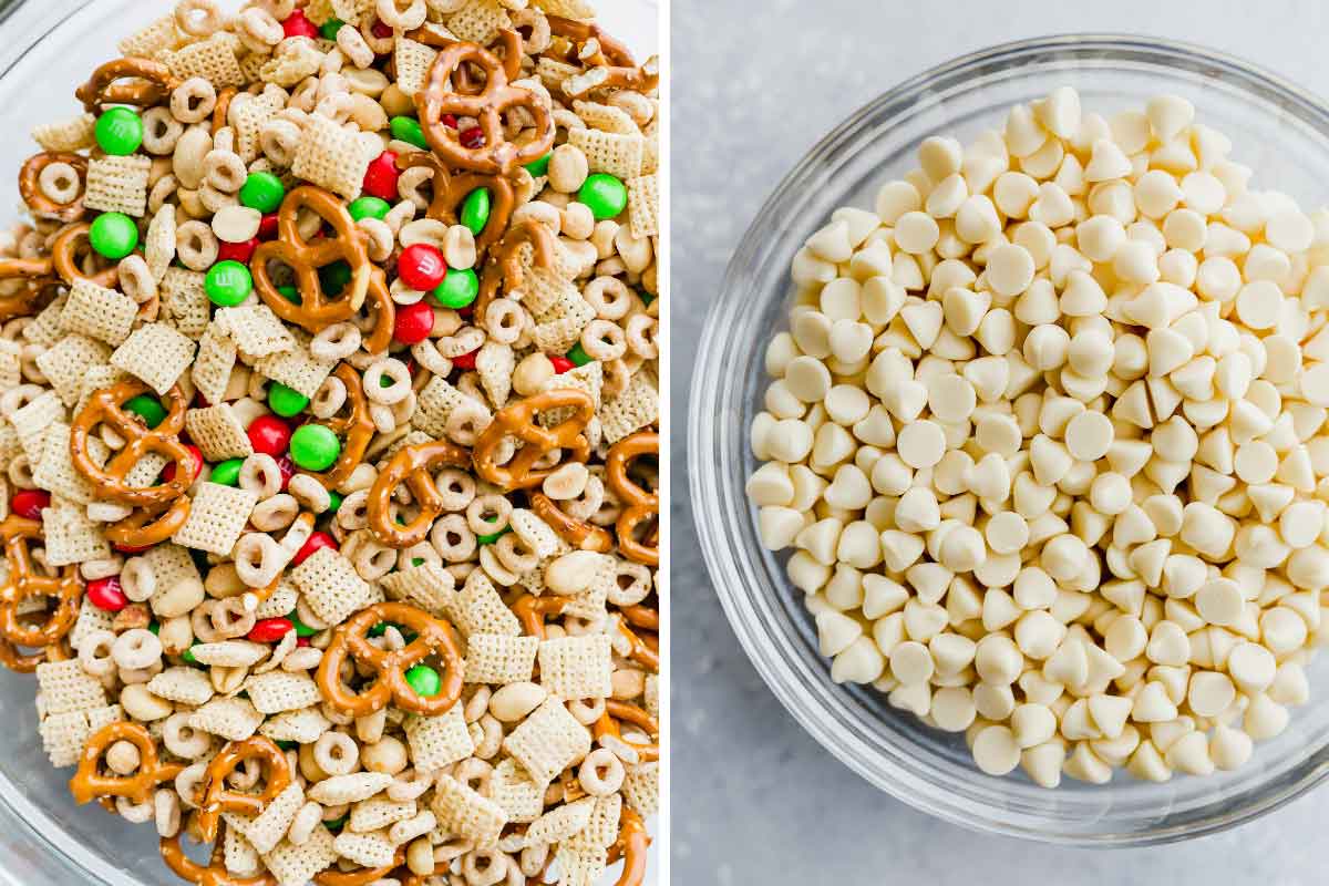 Side by side photos of dry ingredients for reindeer chow and a bowl of white chocolate chips.