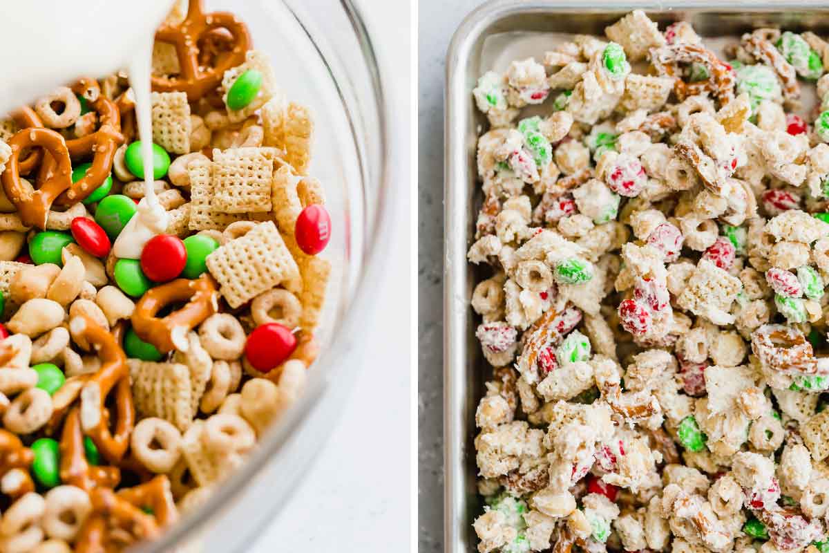 Side by side photos of melted white chocolate being poured over cereal, pretzels, peanuts and M&Ms, and the entire mixture set on a baking sheet.