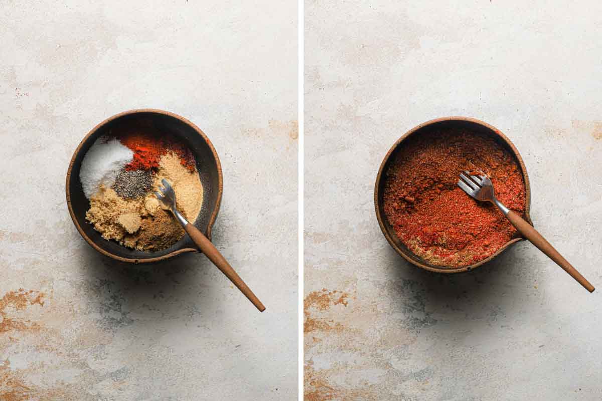 Side by side photos of mixing together the seasoning blend for chicken wings.
