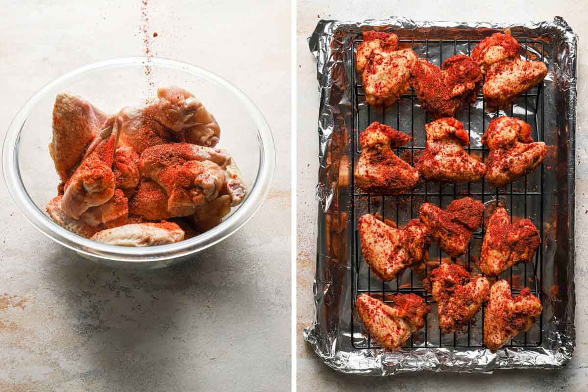 Side by side photos of chicken wings in a bowl with seasoning and chicken wings placed on a wire rack on a baking sheet.