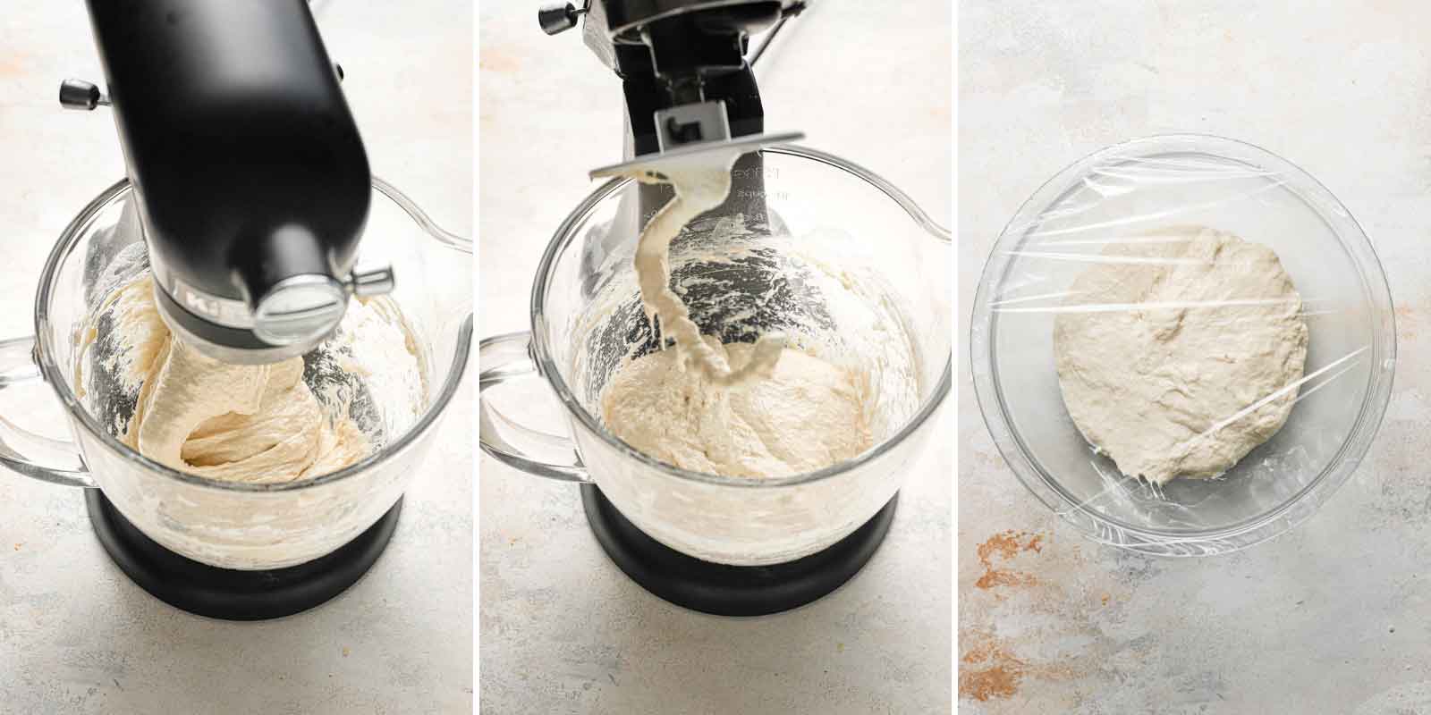 Ciabatta bread dough being kneaded in a stand mixer, then placed in a glass bowl to rise.