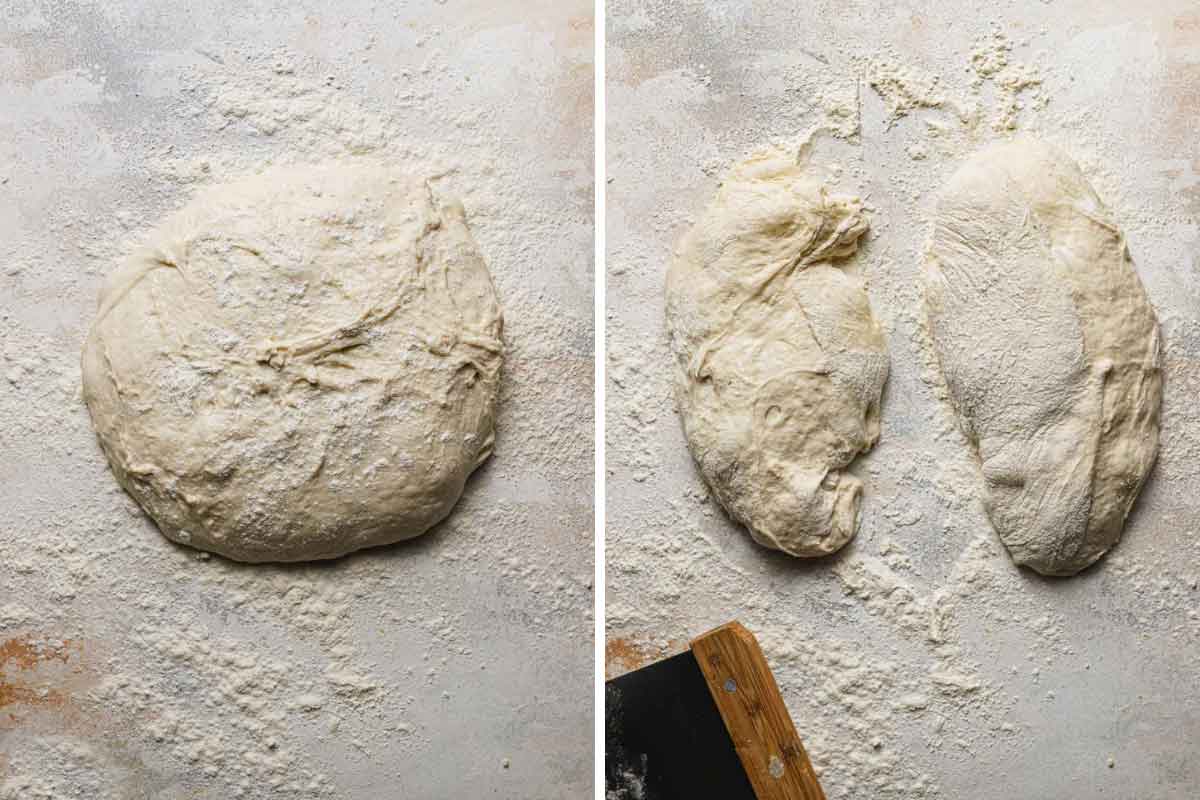 Ciabatta bread dough turn out onto a floured surface, then divided in two.