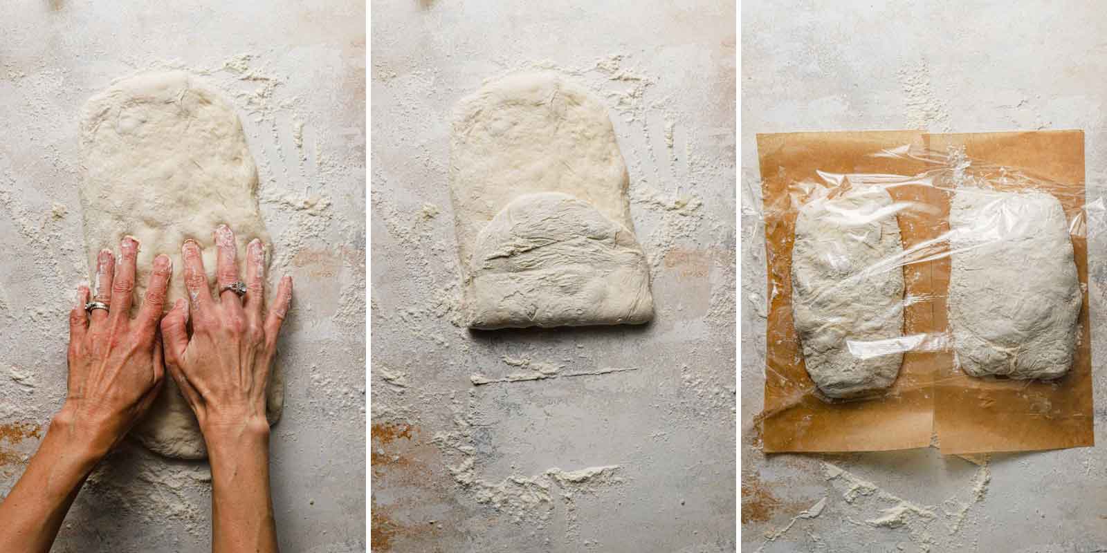 Photos of shaping ciabatta bread dough and covering to rise.