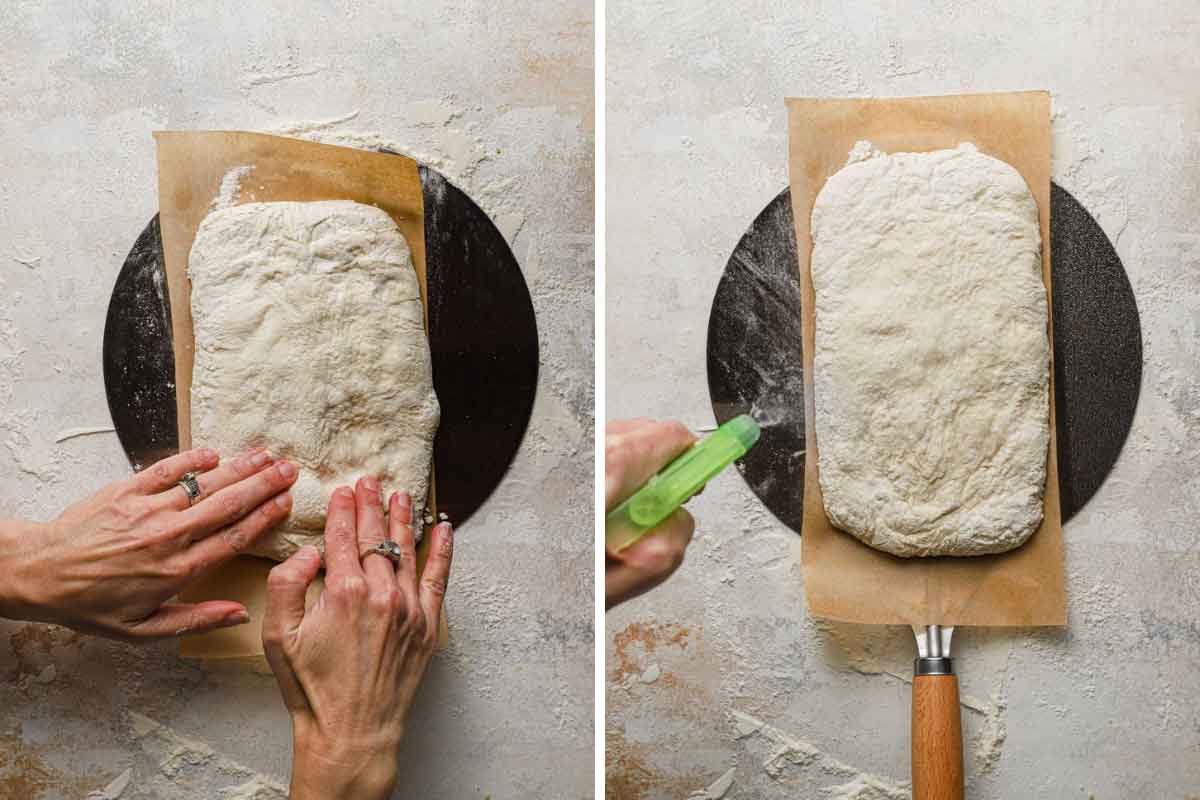Final shaping of ciabatta dough on a pizza peel and spraying it with water before baking.