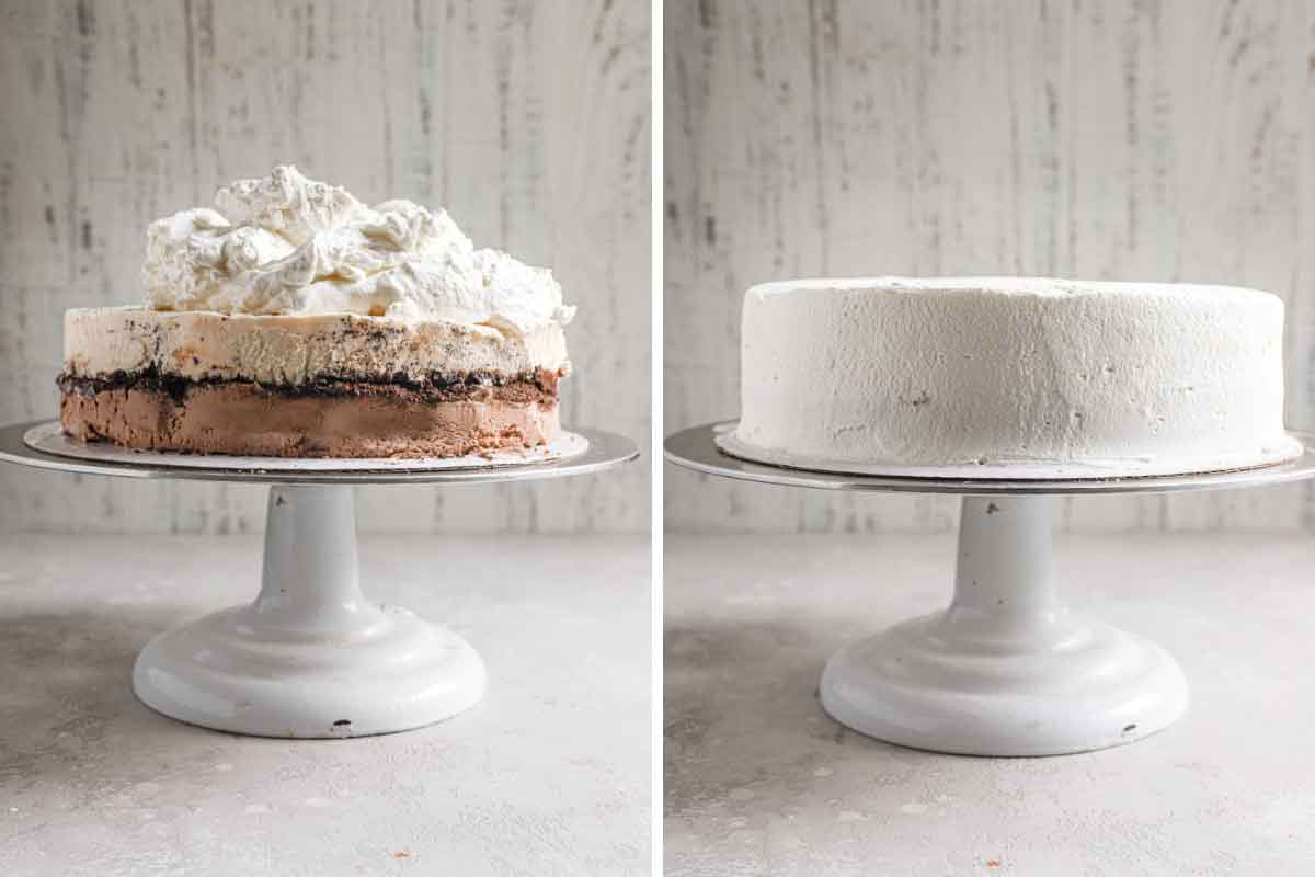 Spreading whipped cream over an ice cream cake.