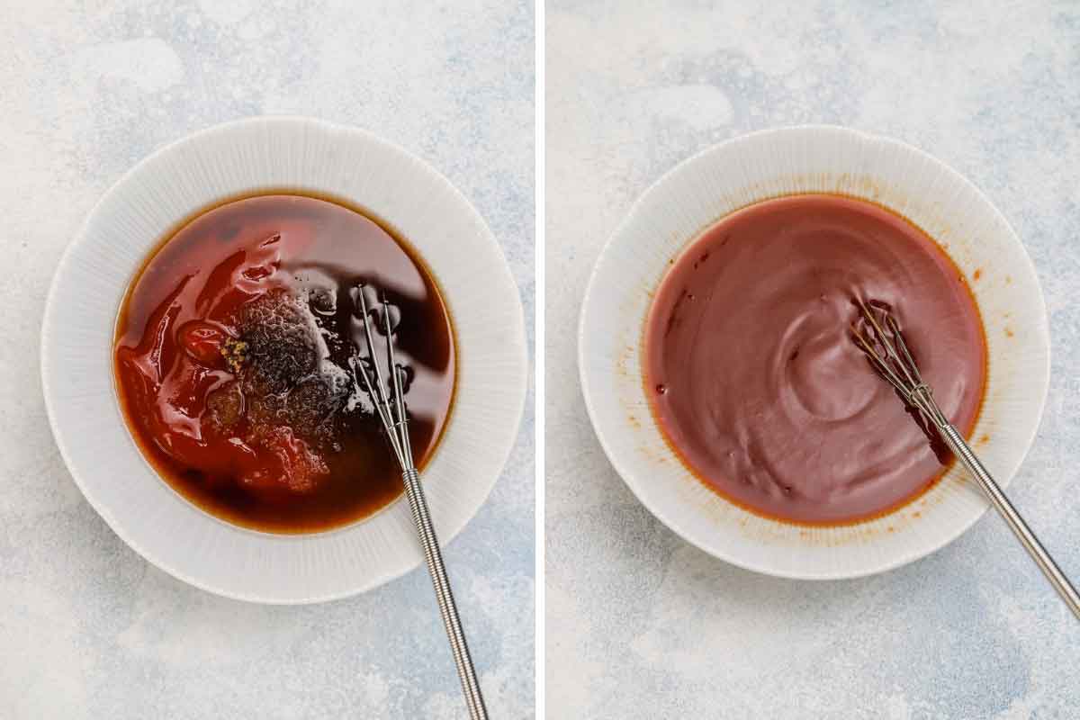 Side by side photos of meatloaf glaze being whisked together.