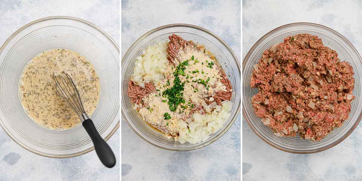 Three-photo collage of meatloaf ingredients being mixed together in a glass bowl.