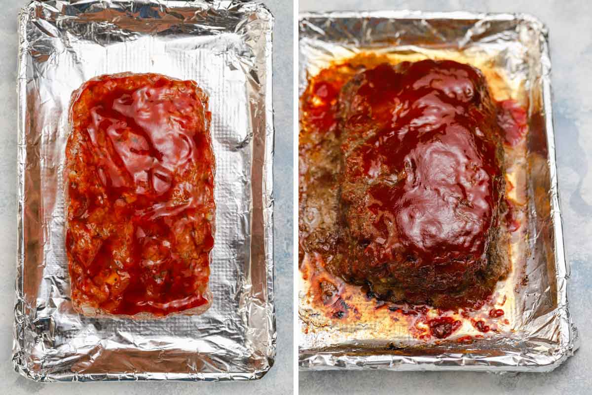 Side by side photos of a glazed meatloaf on a foil-lined baking sheet before and after baking.