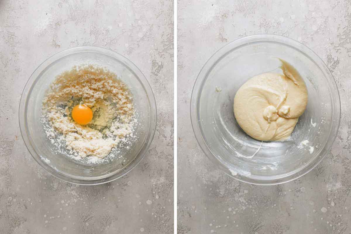 Side by side photos of butter and sugar being creamed, with the addition of an egg.