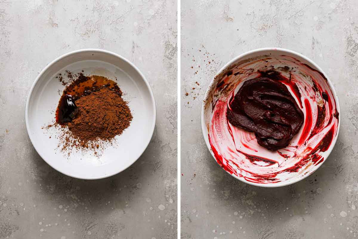 Cocoa powder, red food coloring, and vanilla mixed into a thick paste.