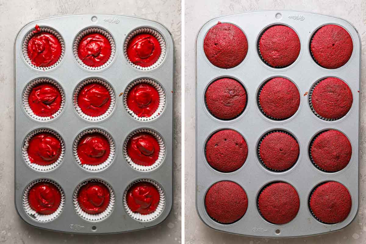 Side by side photos of red velvet cupcake batter in a muffin tin before and after baking.