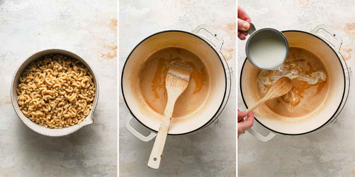 A series of three photos showing elbow macaroni before cooking and making a roux in a Dutch oven.