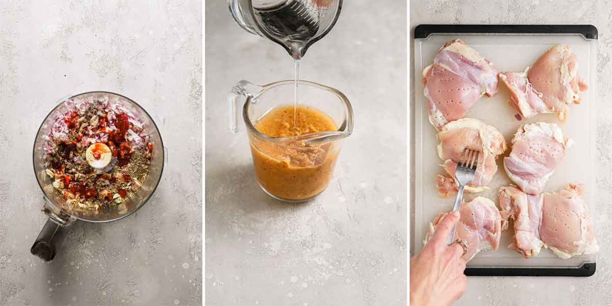 Three photos side-by-side: marinade ingredients in food processor, marinade in measuring cup, and chicken thighs on a cutting board with holes being poked in with a fork.