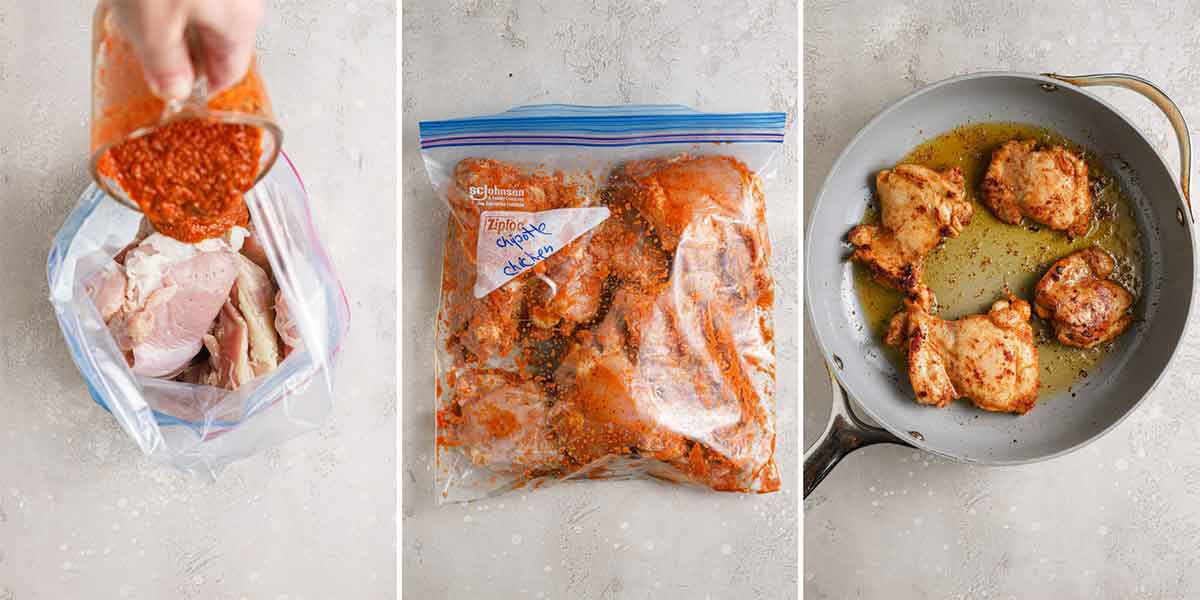Three photos side-by-side: Pouring marinade over chicken in ziploc bag, marinaded chicken in sealed ziploc bag, and chicken being cooked in a pan.