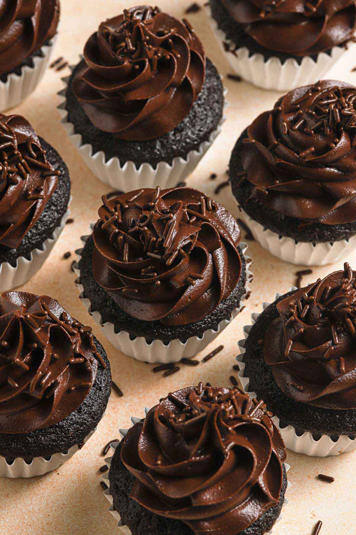 Overhead photo of chocolate cupcakes with chocolate frosting and chocolate sprinkles.