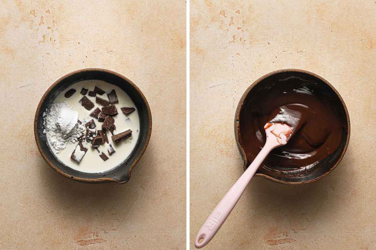 Two images showing chocolate, cream, and powdered sugar in a bowl, and another of the melted mixture in the same bowl with a rubber spatula.
