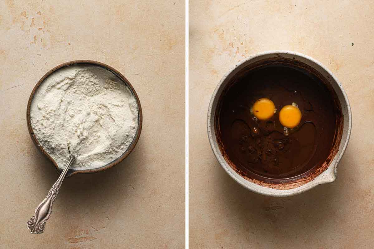 Side by side photos: bowl with dry ingredients, and bowl with chocolate mixture and wet ingredients added.